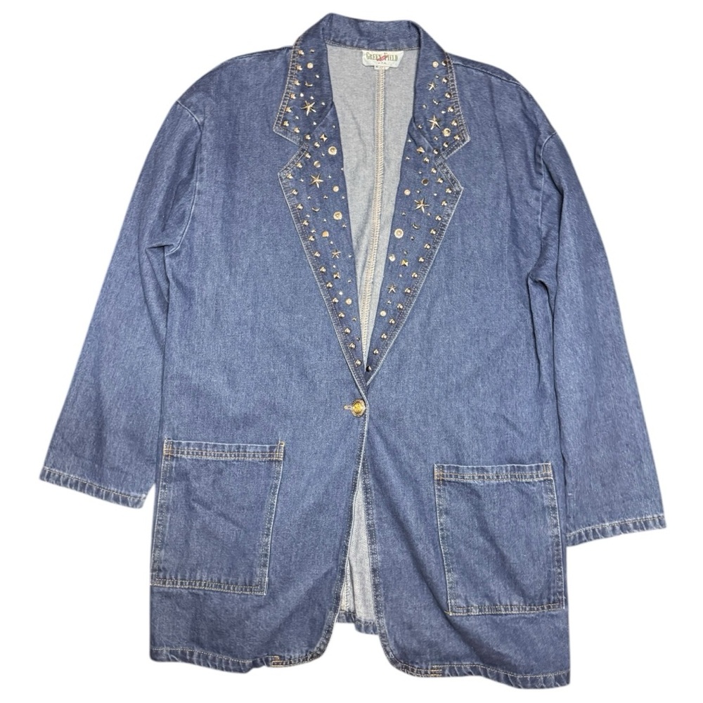 Green Field Studded Denim 90s Vintage Celestial Jacket - Picture 8 of 14